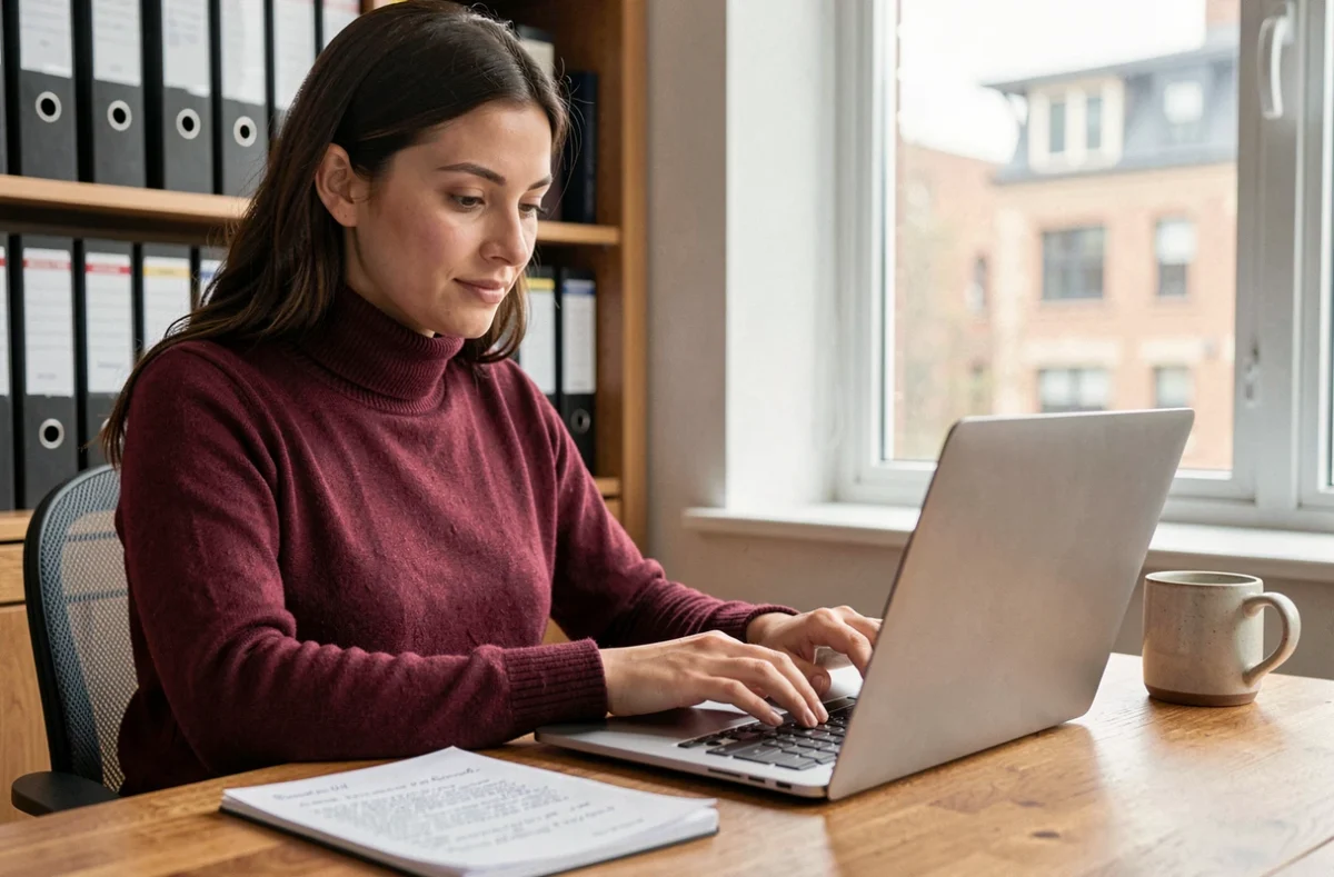Professionnelle en télétravail rédigeant un email de suivi client sur son ordinateur portable avec des notes manuscrites, illustrant l'engagement et la disponibilité dans la communication client