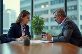 Deux professionnels en réunion dans un bureau moderne