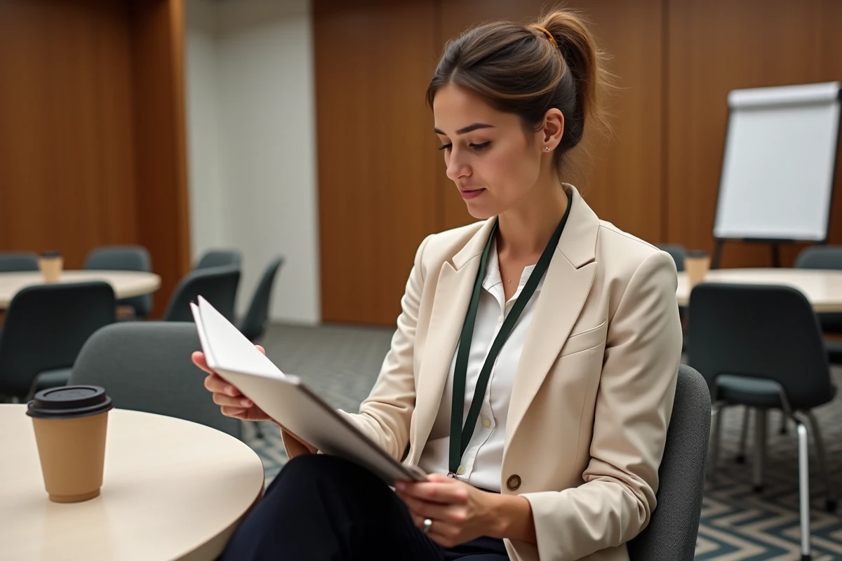 Femme professionnelle consultant le programme de l'événement Lesentreprisesfrenchy 2026 dans une salle de séminaire