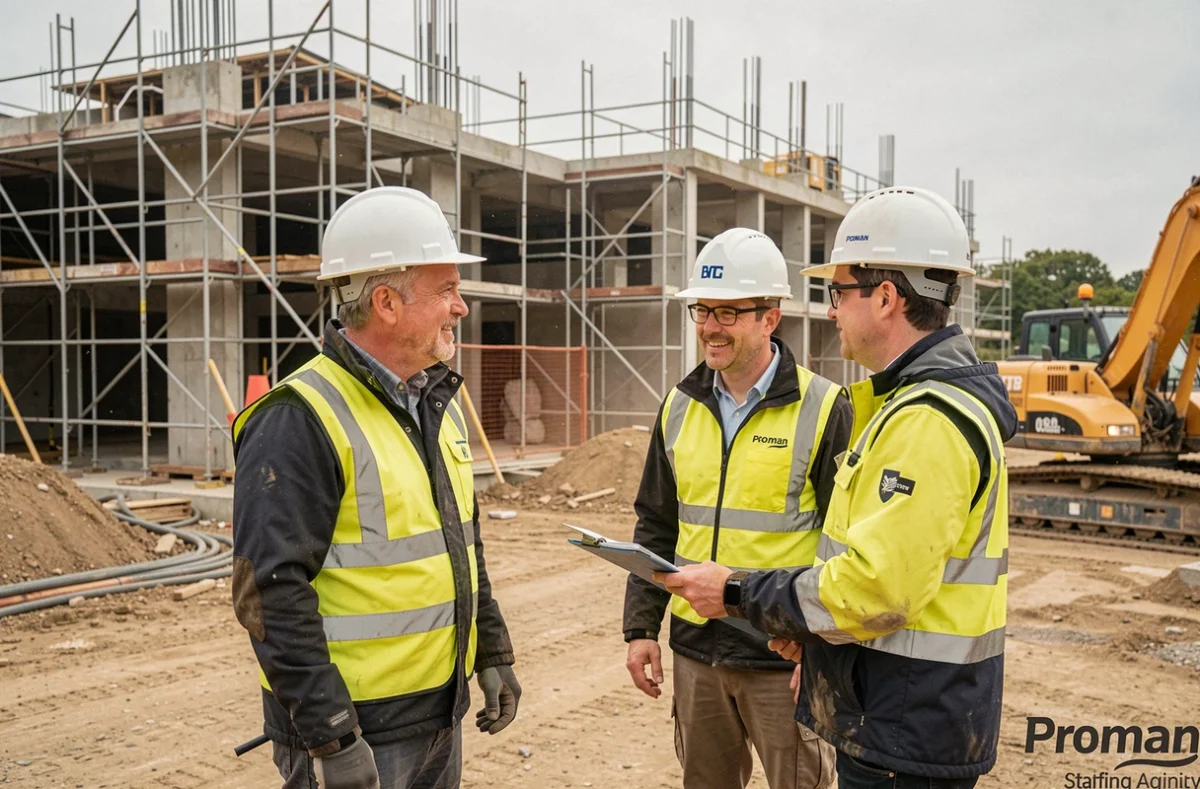 Recruteur Proman en discussion avec des ouvriers du bâtiment sur un chantier de construction en Pays de la Loire