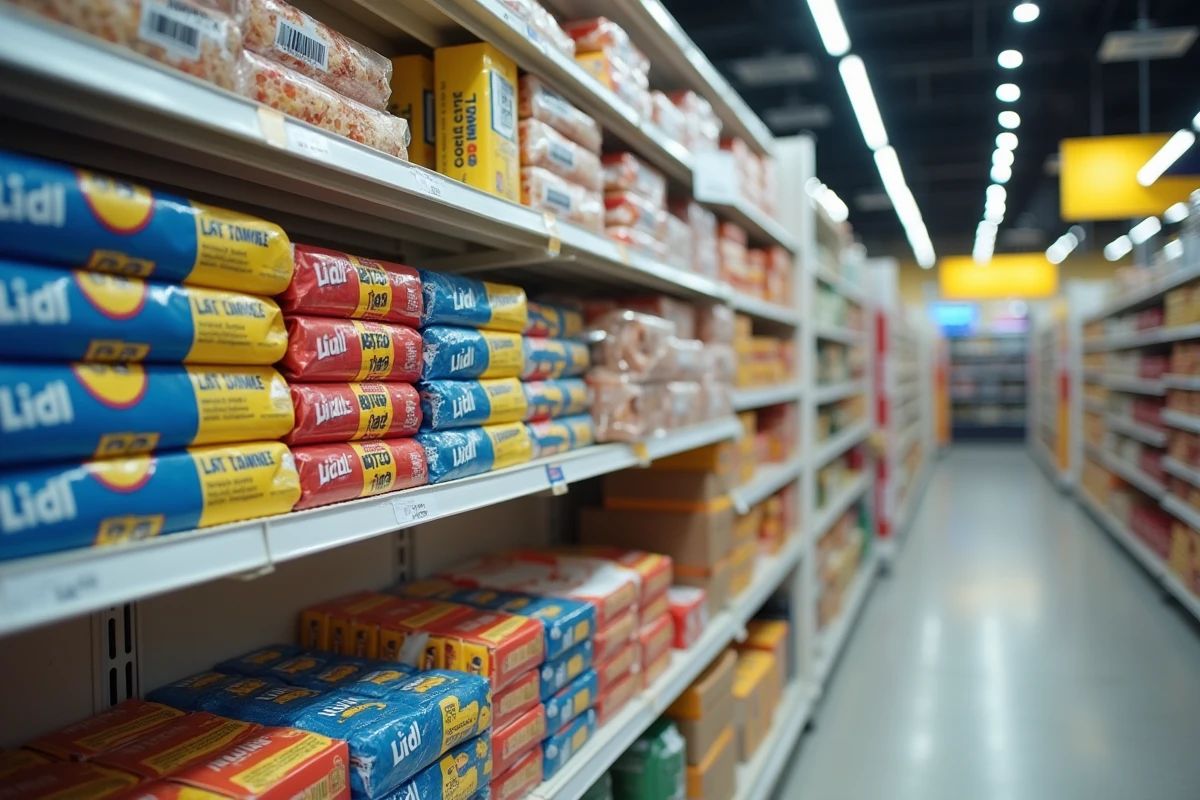 Rayonnage intérieur d'un magasin Lidl avec des produits affichant le logo de la marque sur les emballages