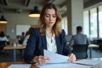 Jeune stagiaire en entreprise examinant des documents de rémunération à son bureau dans un open space moderne