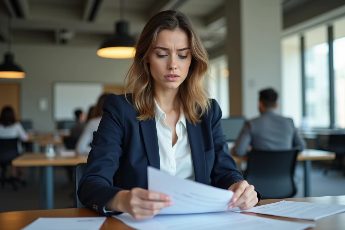 Jeune stagiaire en entreprise examinant des documents de rémunération à son bureau dans un open space moderne