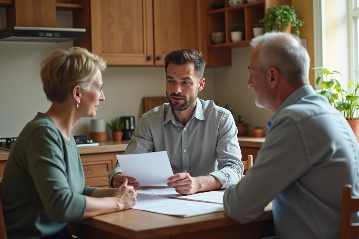Représentant commercial porte à porte finalisant une vente avec un couple de clients assis à leur table de cuisine