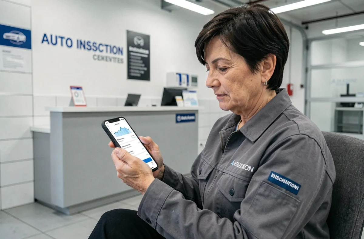 Responsable de centre de contrôle technique consultant les statistiques d'activité affilié Sécuritest sur mobile en salle d'attente