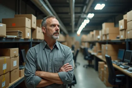 Responsable d'entreprise évaluant un local de stockage encombré avant une décision de débarras interne ou externe