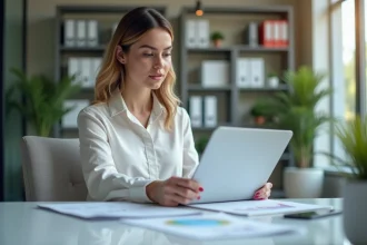 Responsable PME analysant les tarifs d'une agence de formation digitale sur son bureau avec documents et ordinateur portable