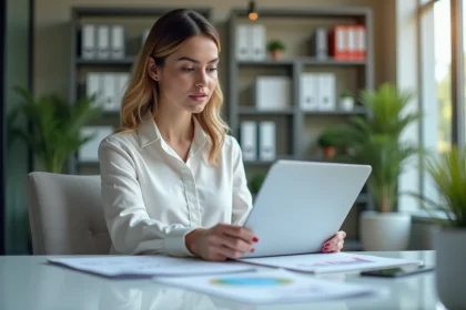 Responsable PME analysant les tarifs d'une agence de formation digitale sur son bureau avec documents et ordinateur portable