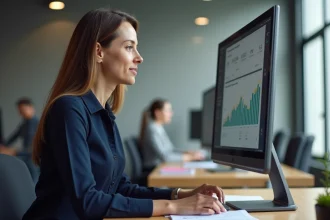 Responsable RH féminine consultant un logiciel de paie centralisé sur un écran d'ordinateur dans un bureau moderne