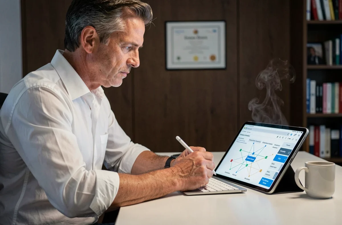 Responsable des risques analysant une cartographie numérique des risques d'entreprise sur tablette dans son bureau