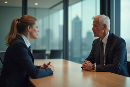 Deux professionnels en réunion dans un bureau moderne