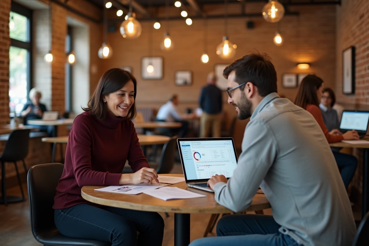 Deux professionnels en réunion dans un espace de coworking discutant d'une stratégie de networking combinant LinkedIn et Network-Entreprise.fr pour capter des clients