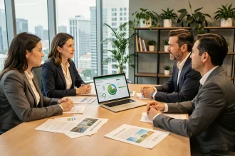 Équipe de professionnels en réunion RSE autour d'une table de conférence avec des rapports de développement durable