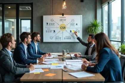 Équipe de professionnels en réunion stratégique reliant les piliers de la RSE aux objectifs business sur un tableau blanc en entreprise