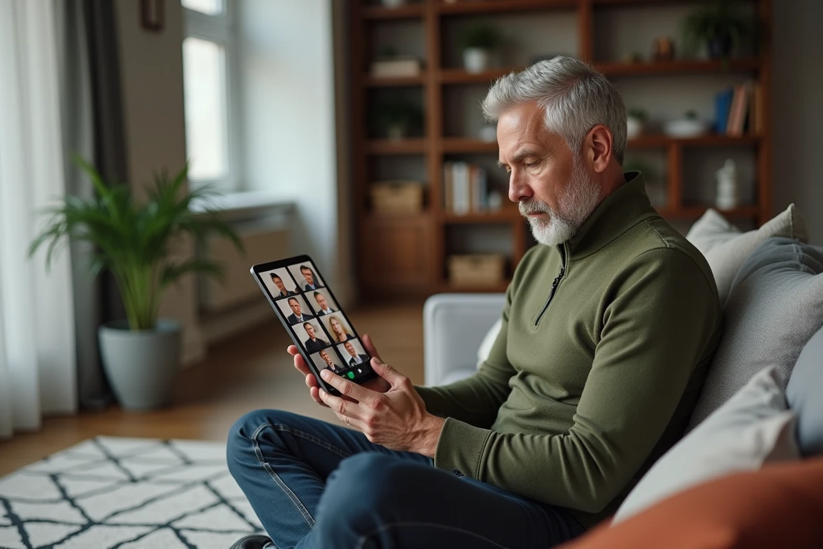 Personne en réunion virtuelle sur tablette depuis son salon, illustration du travail à distance et des tendances de visioconférence professionnelle en 2026
