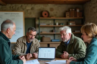 Groupe d'éleveurs réunis en réunion coopérative Terrena autour d'une table avec documents et ordinateur portable