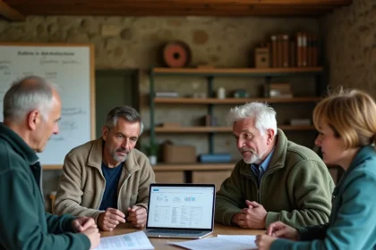 Groupe d'éleveurs réunis en réunion coopérative Terrena autour d'une table avec documents et ordinateur portable