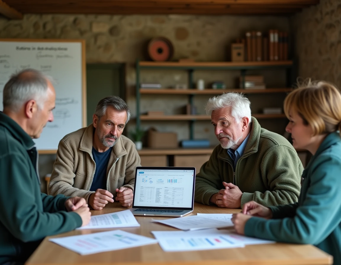 Groupe d'éleveurs réunis en réunion coopérative Terrena autour d'une table avec documents et ordinateur portable