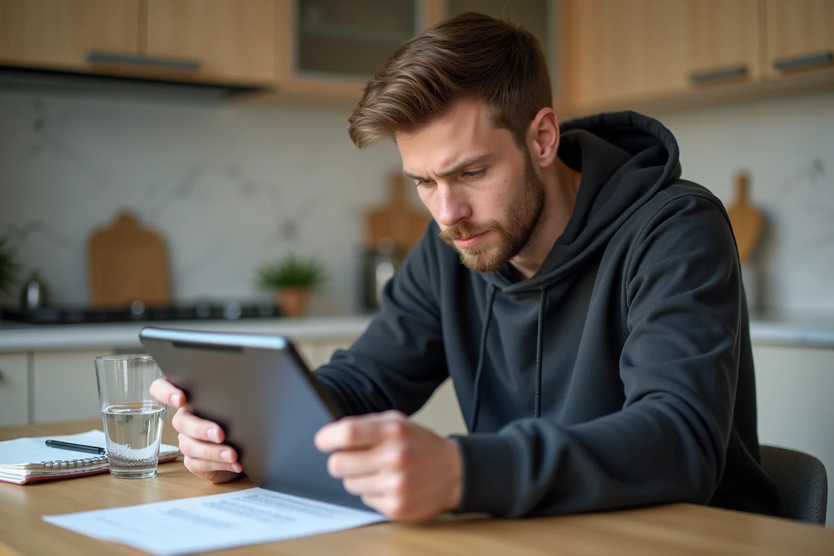 Jeune homme saisissant ses identifiants sur une tablette avec un courrier administratif