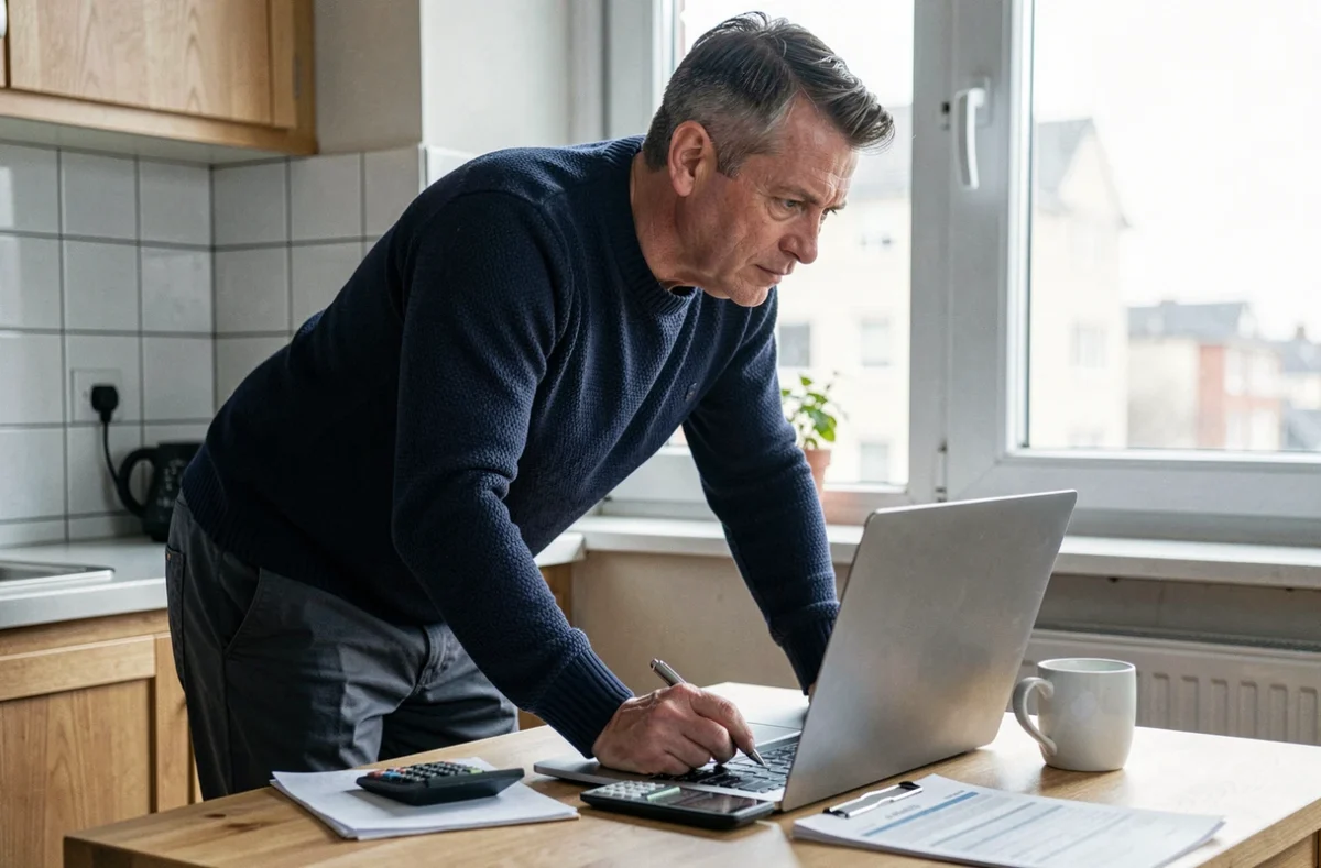 Homme calculant son salaire à temps partiel avec un ordinateur et une calculatrice sur une table de cuisine
