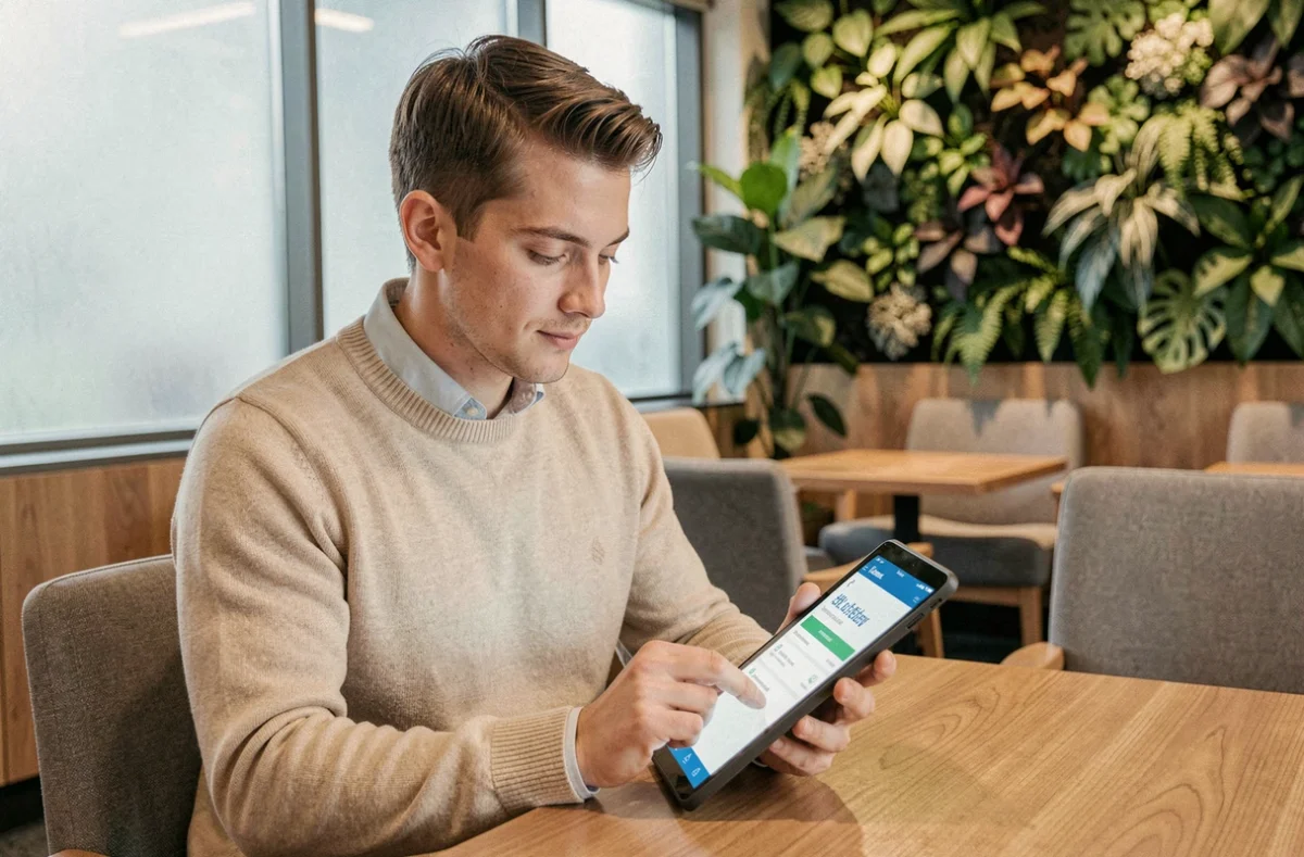 Jeune salarié BNP Paribas utilisant une tablette pour effectuer ses démarches RH en ligne via Alis