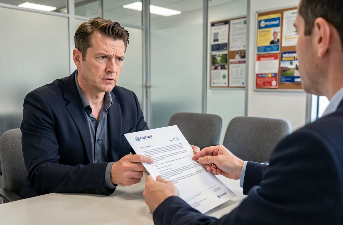 Salarié en CDD en entretien avec un conseiller emploi pour comprendre les conditions du CSP