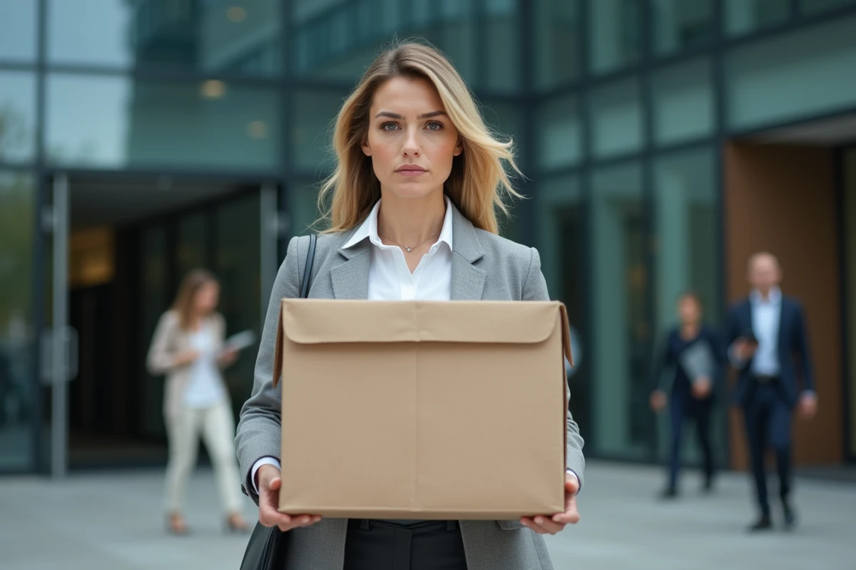 Femme quittant son bureau avec ses affaires personnelles apr&egrave;s un licenciement, illustrant les cons&eacute;quences d'un manquement &agrave; l'obligation de pr&eacute;avis