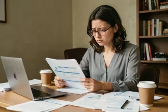 Femme salariée en temps partiel stressée face à des documents administratifs du CSP à domicile