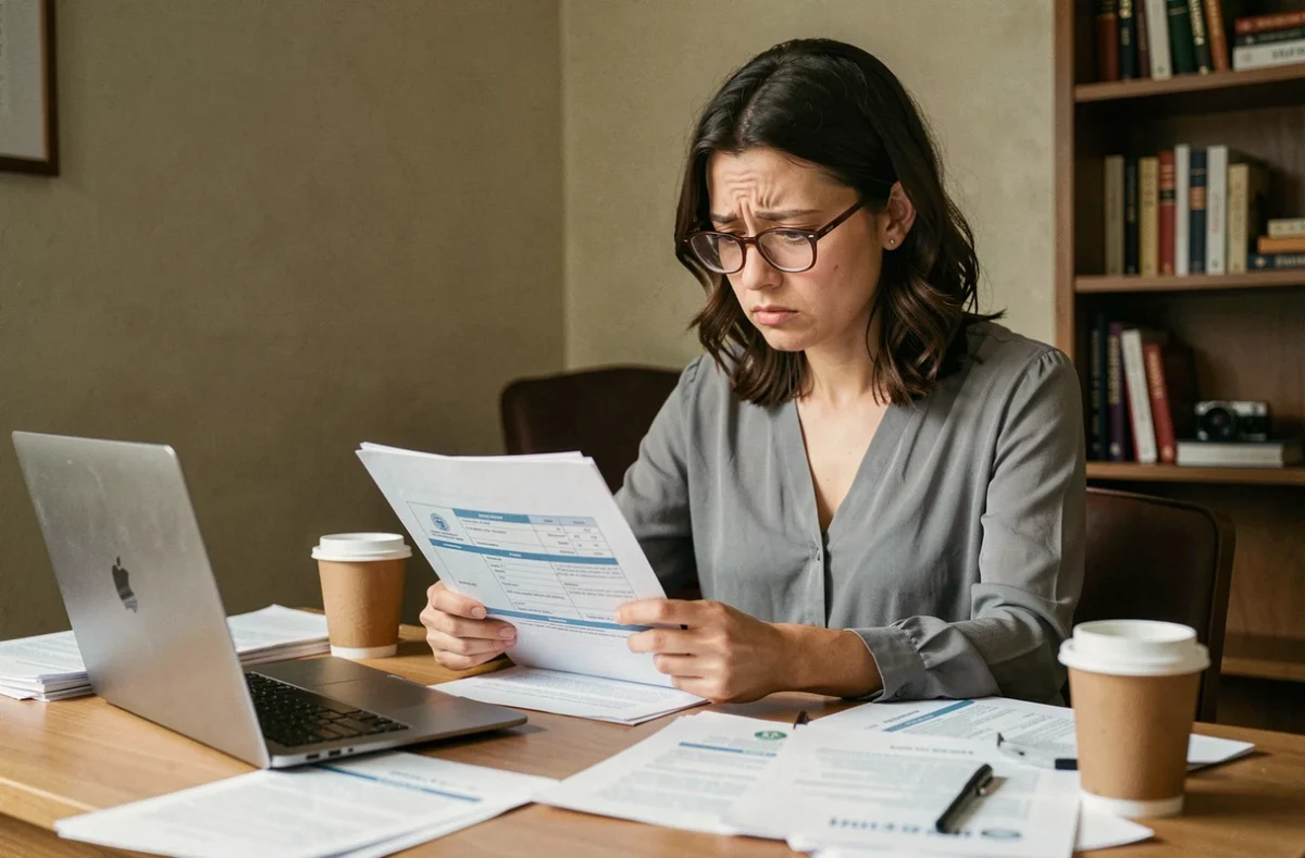 Femme salariée en temps partiel stressée face à des documents administratifs du CSP à domicile