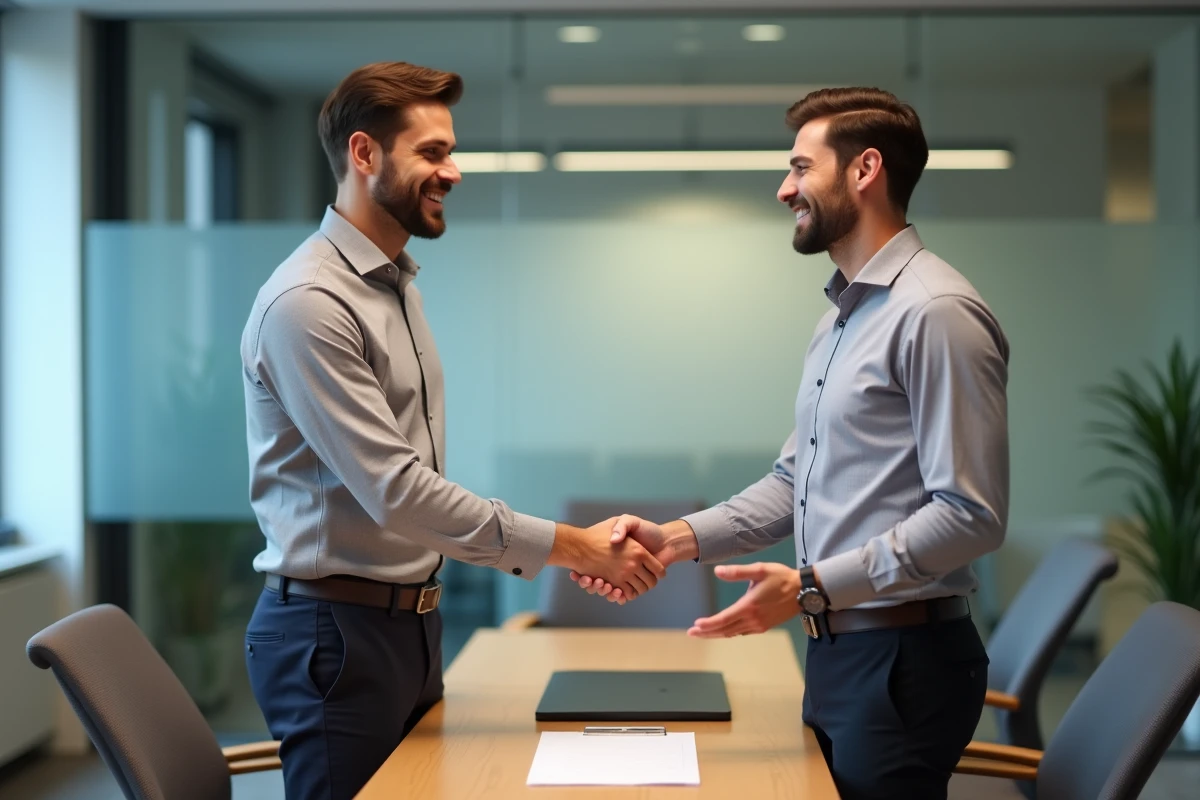 Signature d'un contrat de travail CDD et poignée de main entre employé et responsable RH