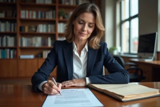 Femme professionnelle signant un contrat avec la mention pour ordre dans un bureau juridique