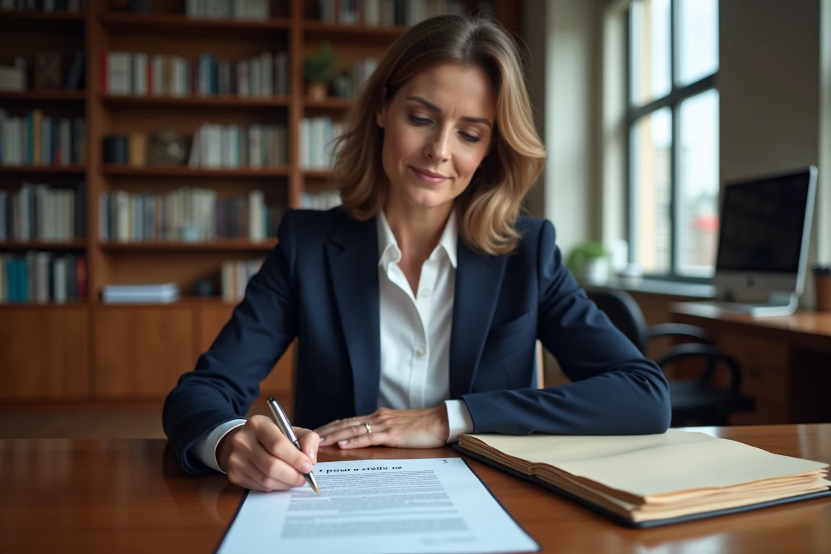 Femme professionnelle signant un contrat avec la mention pour ordre dans un bureau juridique