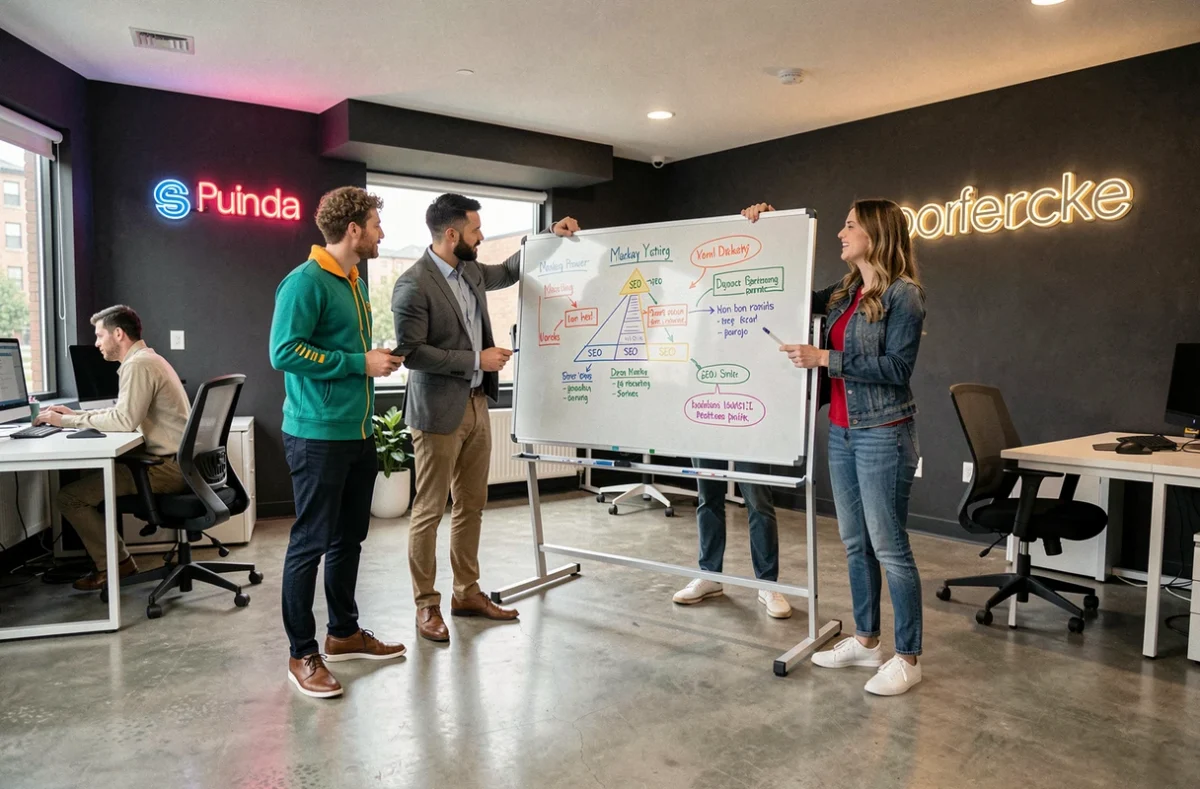 Équipe dynamique de Snazzy devant un tableau blanc avec des stratégies de marketing SEO et de contenu
