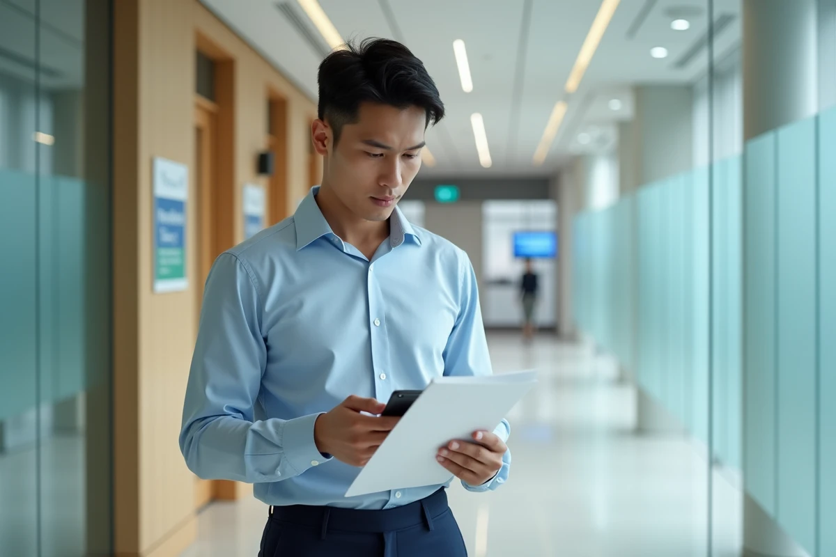 Stagiaire BNP Paribas consultant son guide d'intégration dans les couloirs du siège social