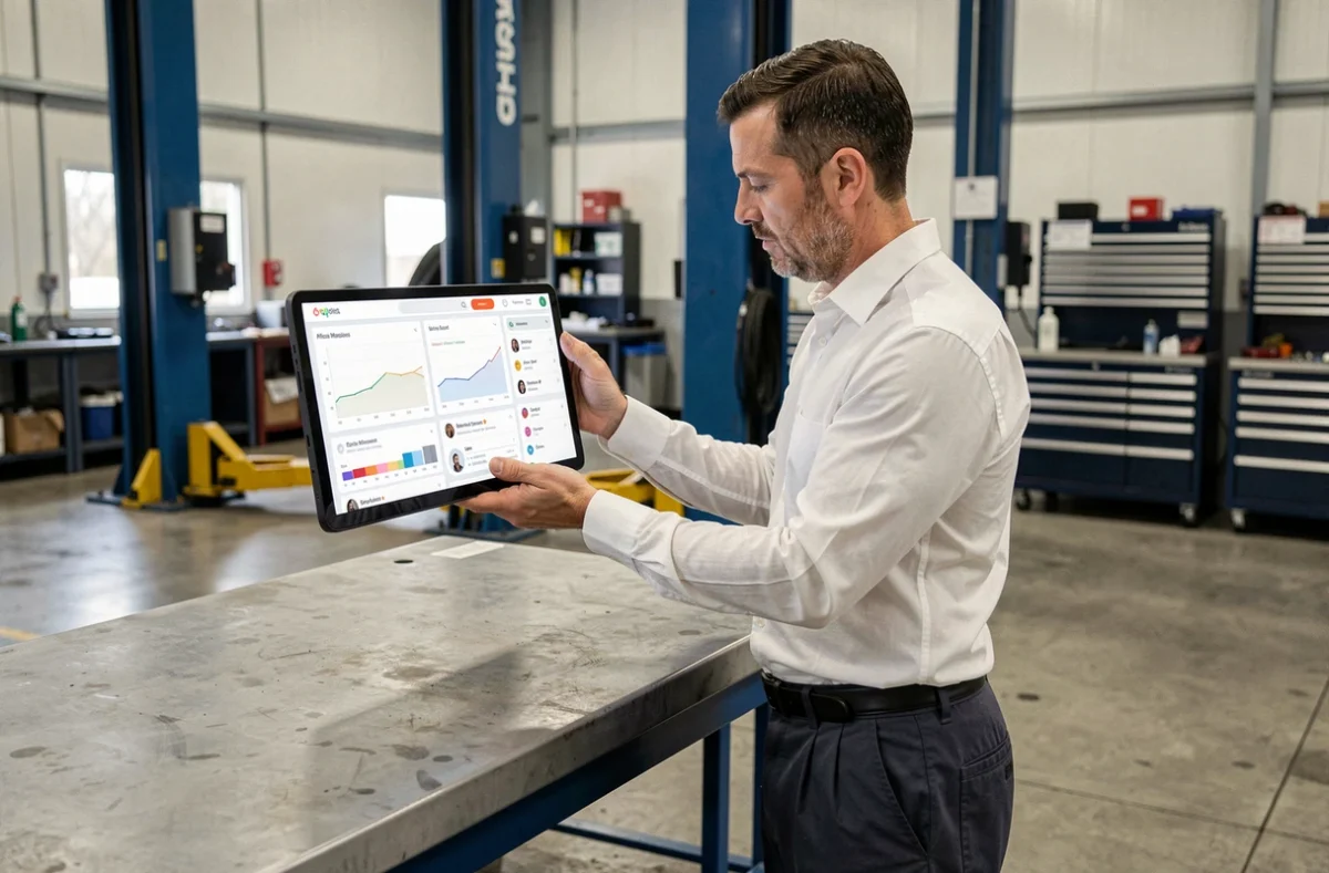 Technicien en atelier de contrôle technique utilisant l'espace affilié Sécuritest sur smartphone pour suivre son activité professionnelle
