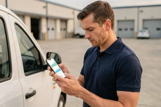 Technicien Sécuritest consultant son espace affilié sur smartphone à côté d'un véhicule d'inspection en extérieur