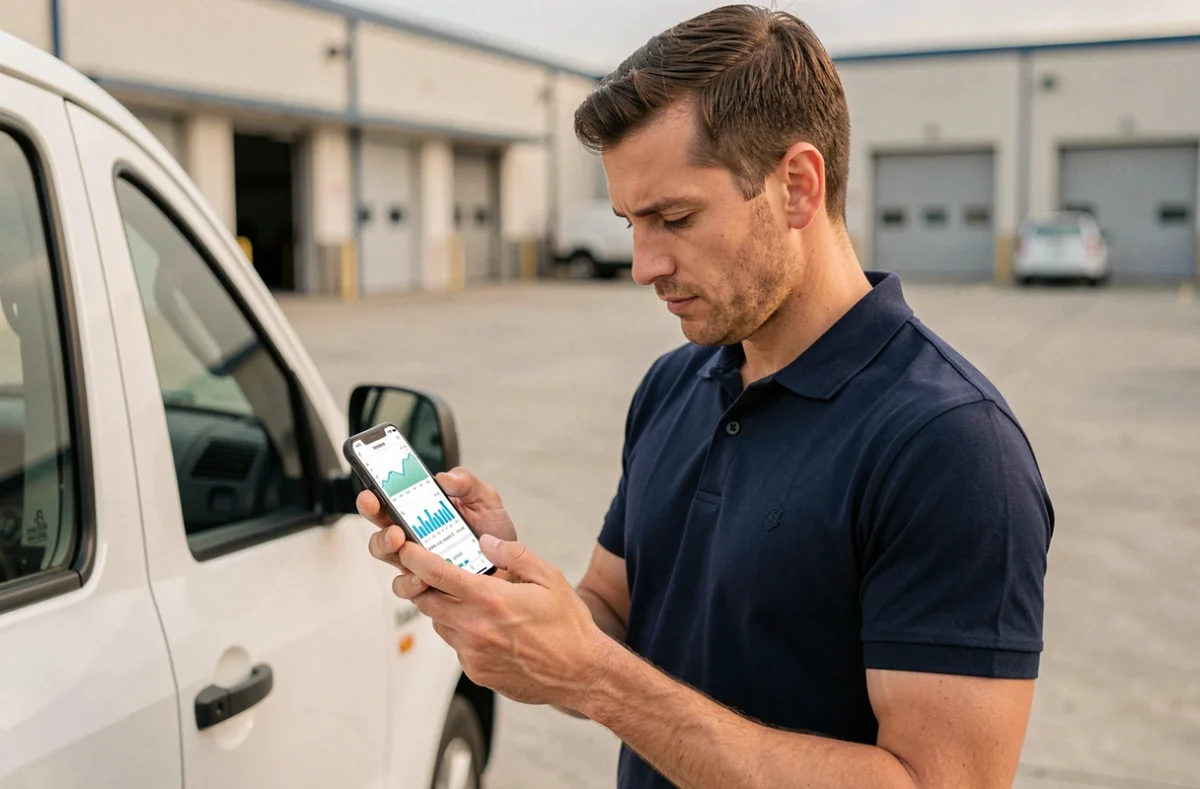 Technicien Sécuritest consultant son espace affilié sur smartphone à côté d'un véhicule d'inspection en extérieur
