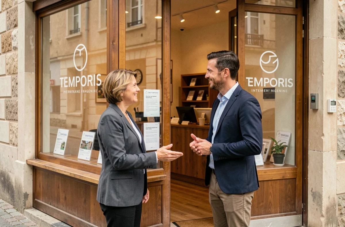 Propriétaire franchisée Temporis accueillant un candidat à l'entrée d'une agence d'intérim du réseau en France