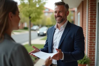 Vendeur porte à porte professionnel présentant une brochure à une cliente devant sa maison en banlieue