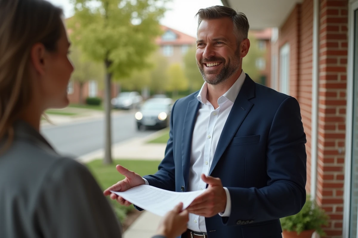 Vendeur porte à porte professionnel présentant une brochure à une cliente devant sa maison en banlieue