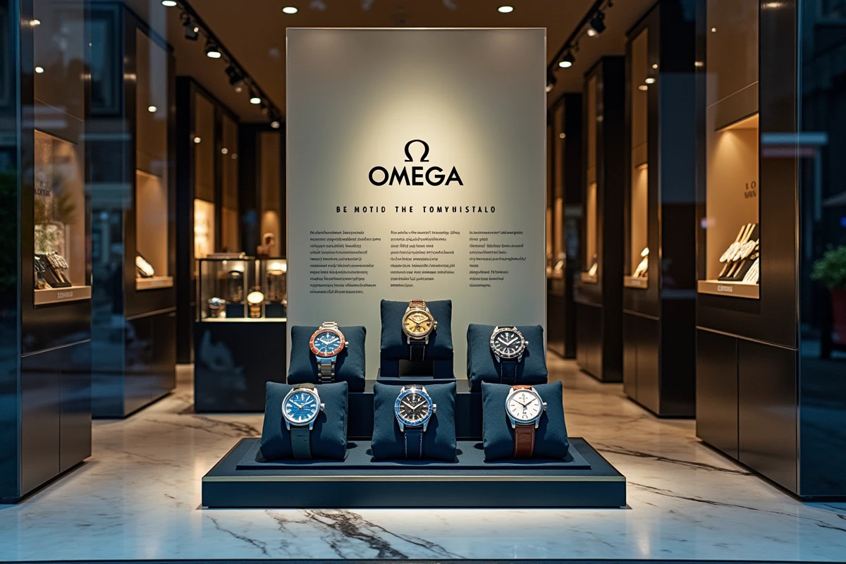 Vitrine d'une boutique Omega de luxe avec plusieurs montres sur velours et le logo oméga affiché sur panneau en verre dépoli