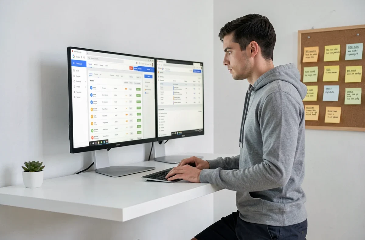 Spécialiste SEO de Yohseo analysant des données de référencement sur un double écran dans un espace de travail minimaliste