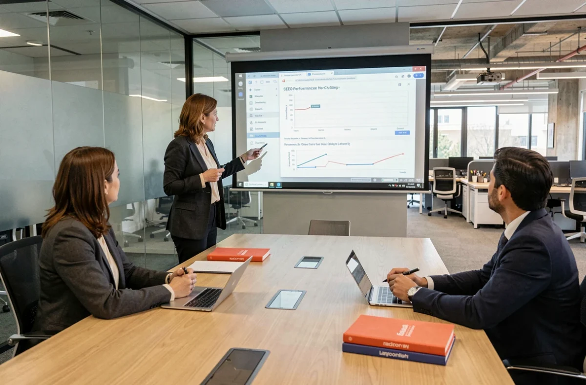 Consultante de Zaacom présentant un rapport de performance SEO lors d'une réunion en agence
